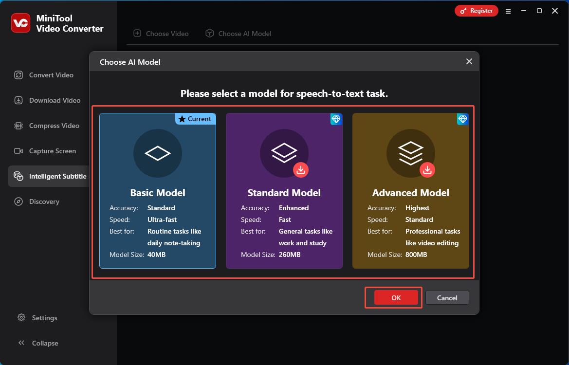Select the AI Mode you want, then click OK to download it in MiniTool Video Converter