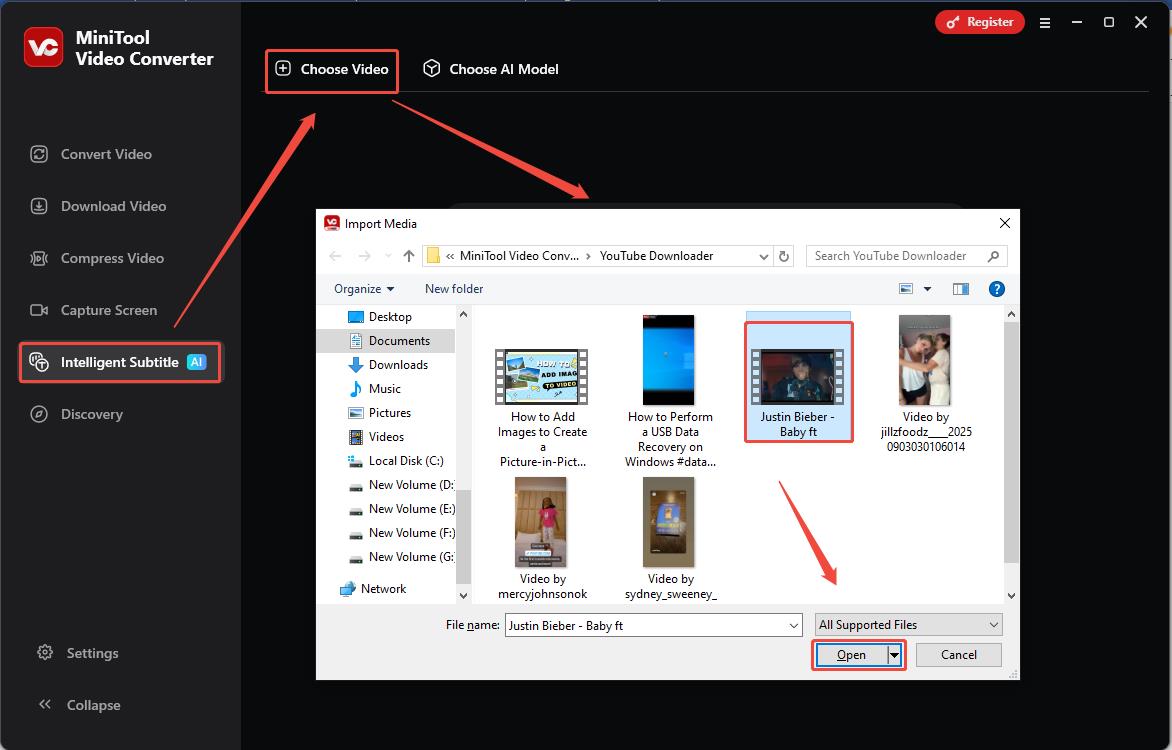 Click Intelligent Subtitle > Choose Video, click the local Facebook video, then select Open to enter the AI analysis interface in MiniTool Video Converter