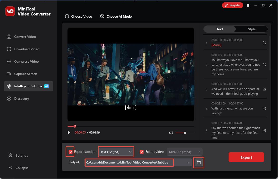 Select the output format, then click on Folder or its Checkbox to set the location for the exported Facebook video text in MiniTool Video Converter