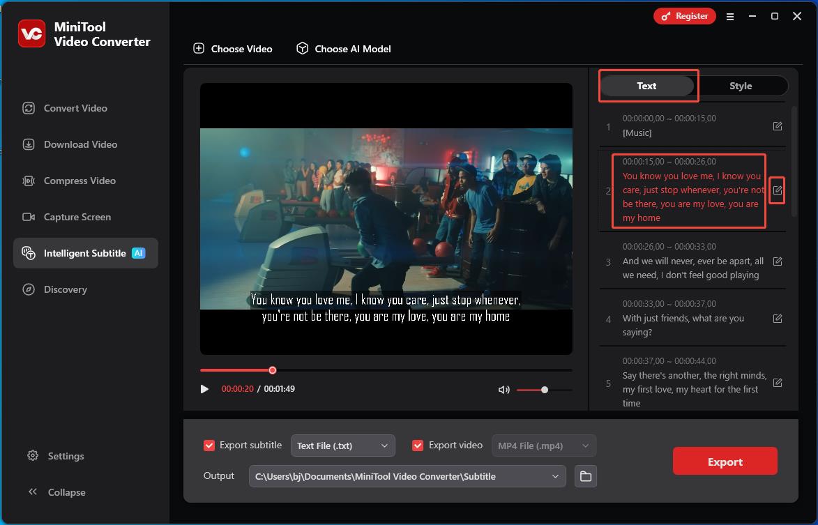 Review and modify the Facebook video subtitles under the Text in MiniTool Video Converter