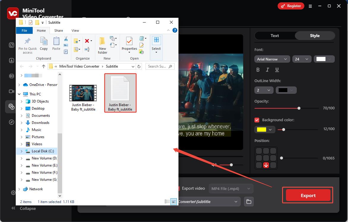 Click on Export, then click the downloaded Facebook video text document in the new file window to view the subtitles