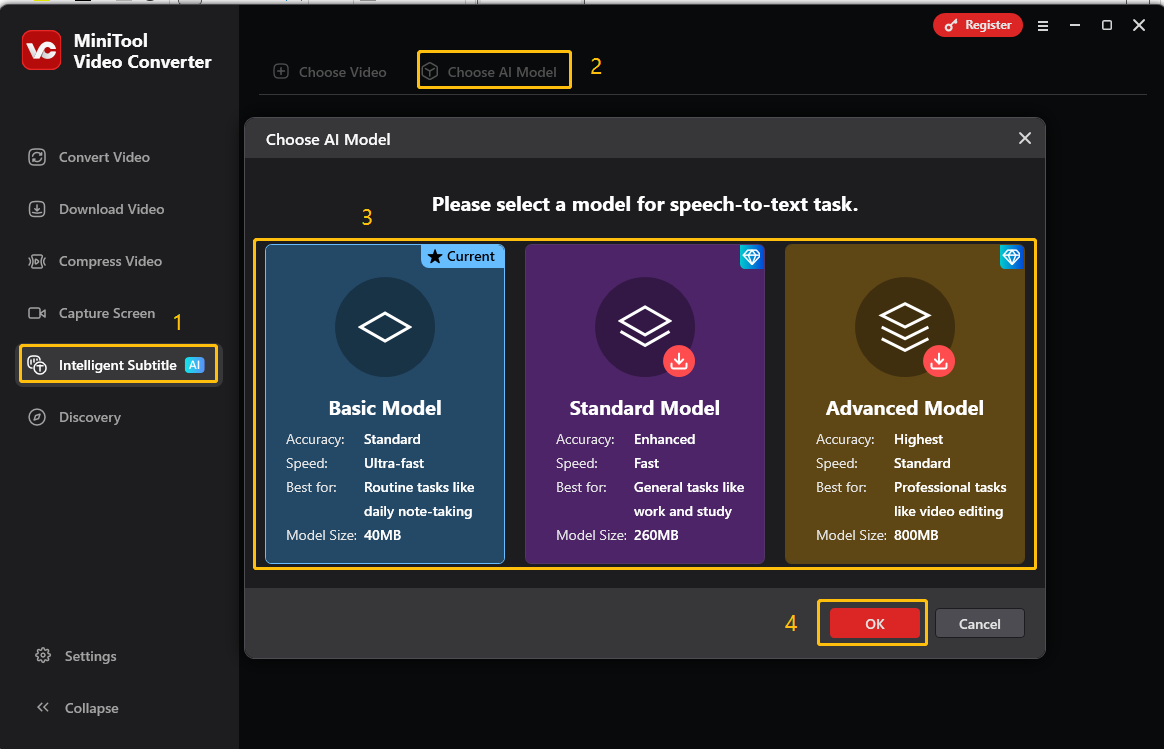 Go to Intelligent Subtitle > Choose AI Model to choose an AI model to download in MiniTool Video Converter