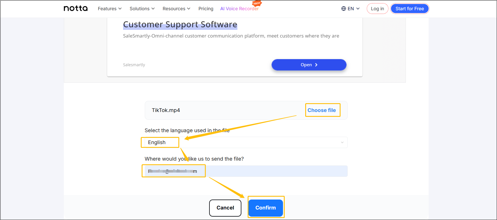 Click on Choose file, select a transcription language, enter the email address, and click on Confirm to convert the TikTok video in Notta