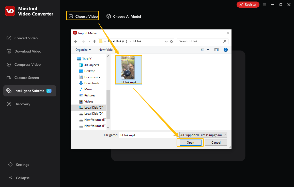 Click on Choose Video, click the TikTok video, and click on Open to import it to MiniTool Video Converter