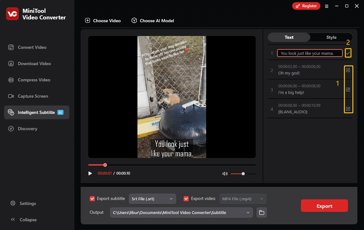 Click on Edit to edit the TikTok transcripts and click on the Check icon to save the changes in MiniTool Video Converter
