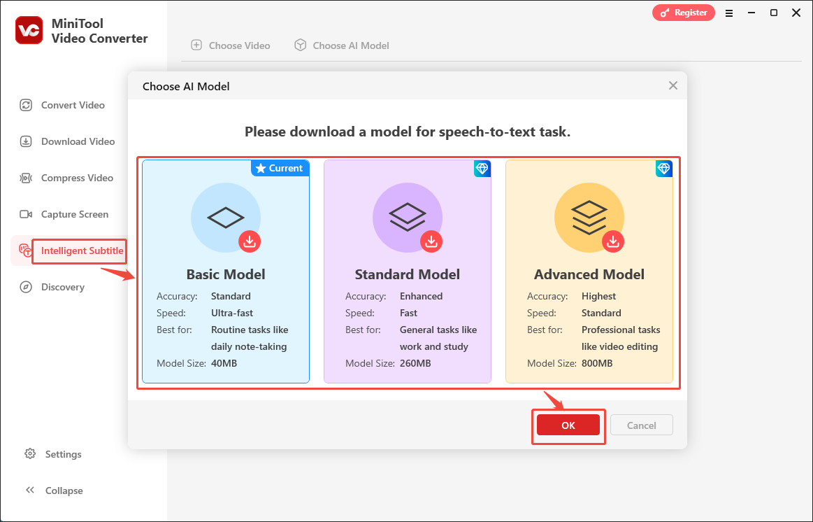 Click on OK in the Choose AI Model window of MiniTool Video Converter to download the model that you have selected