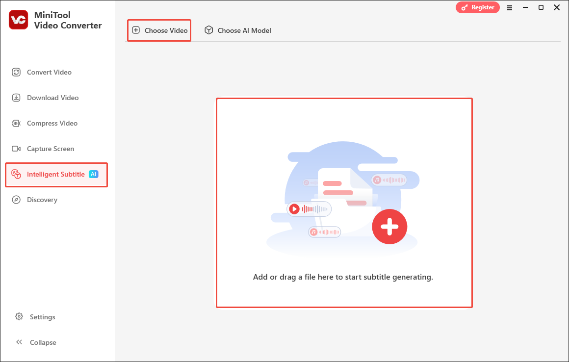 Click on Choose Video or the middle part in the Intelligent Subtitle tab of MiniTool Video Converter to import the video file