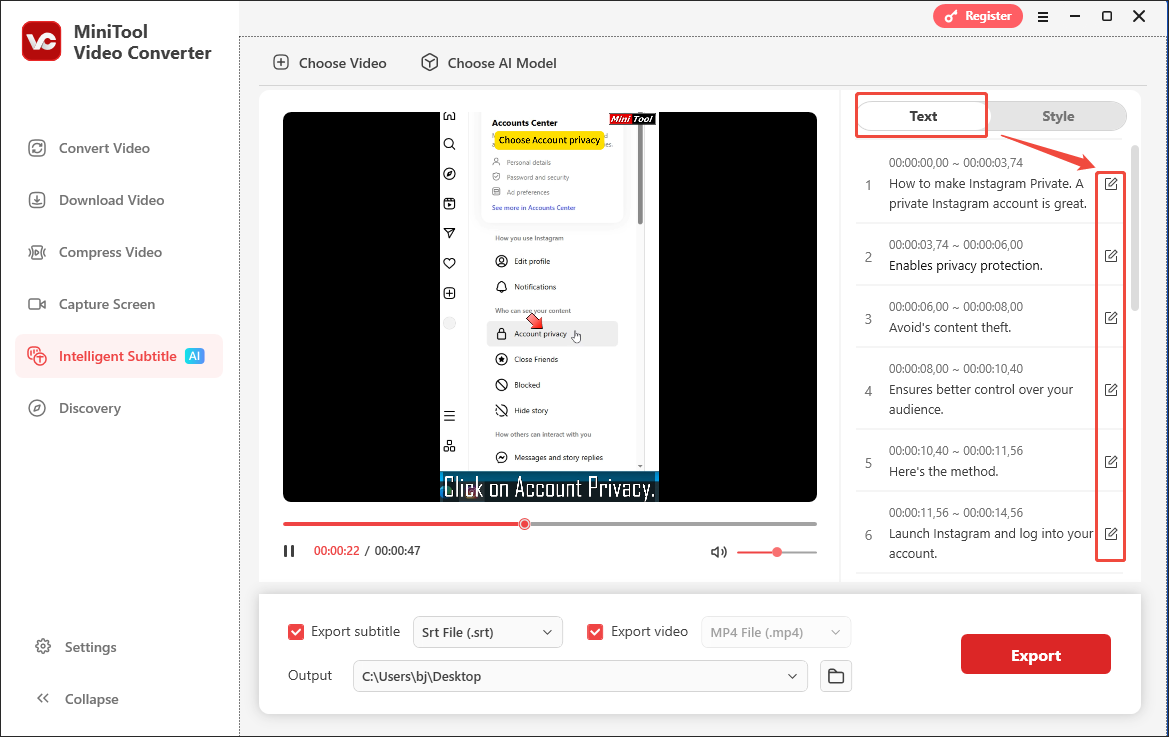 Click on the Edit icon in the Intelligent Subtitle tab of MiniTool Video Converter to edit your subtitles