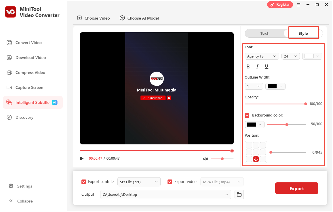 Customize the font, outline width, opacity, background color, and position of the subtitles in the Intelligent Subtitle module of MiniTool Video Converter