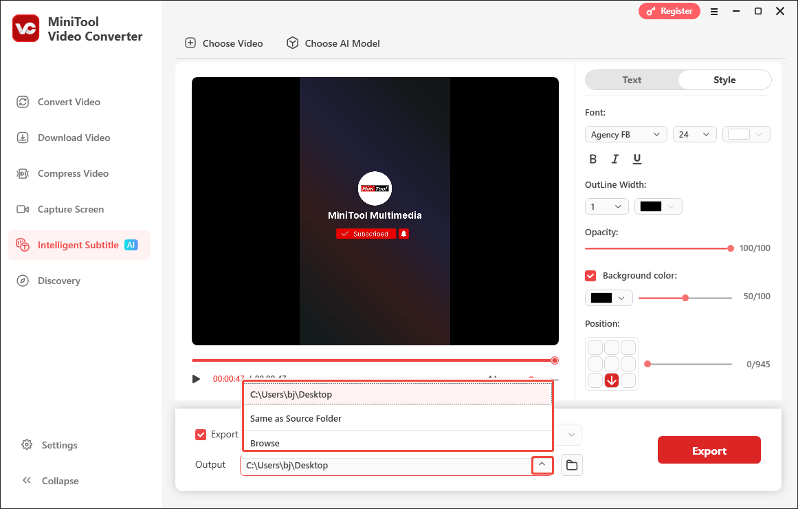 Expand the Output option in MiniTool Video Converter’s Intelligent Subtitle tab to choose an output location for the exported files
