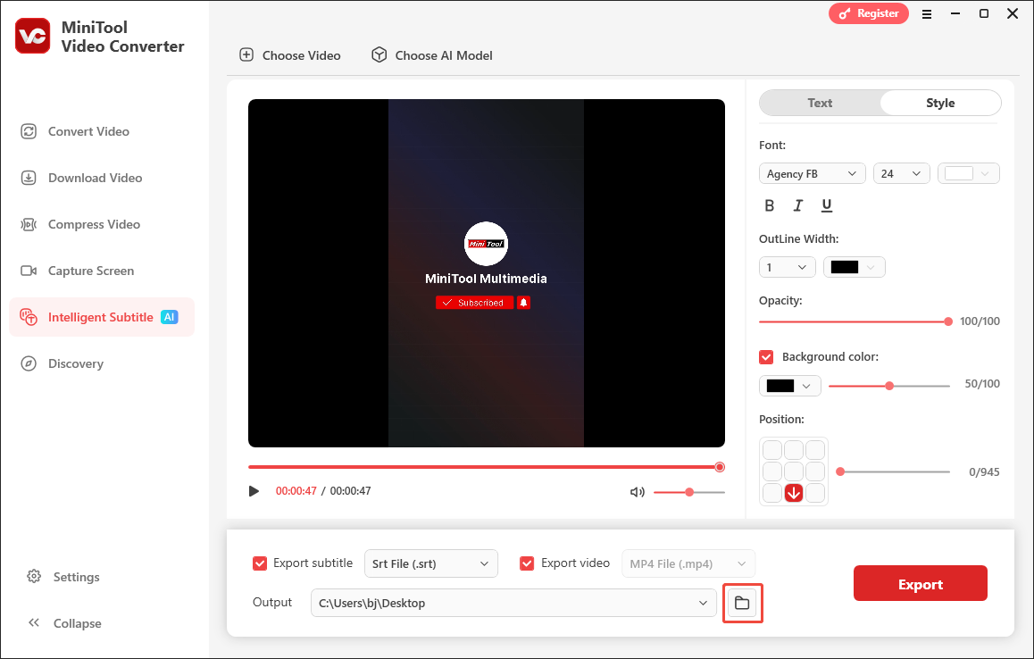 Click on the Folder icon in the Intelligent Subtitle tab of MiniTool Video Converter to locate the output files