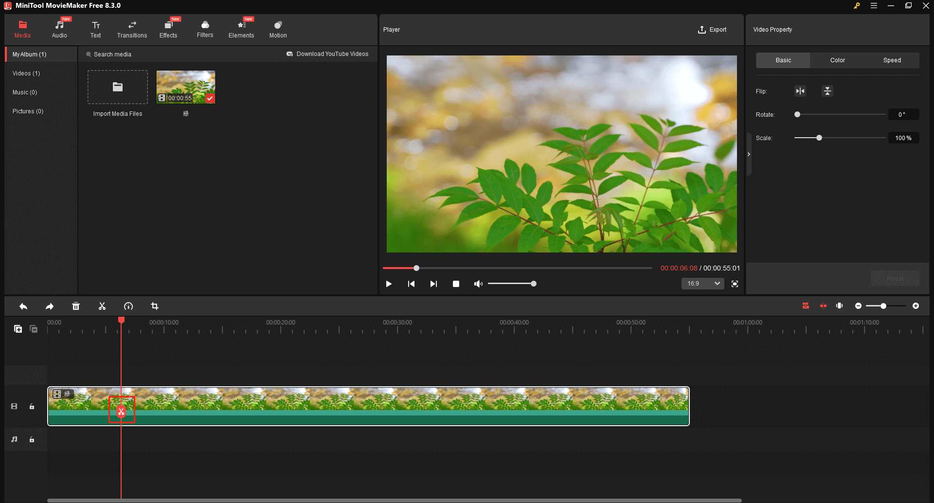 MiniTool MovieMakerでハサミアイコンをクリックする