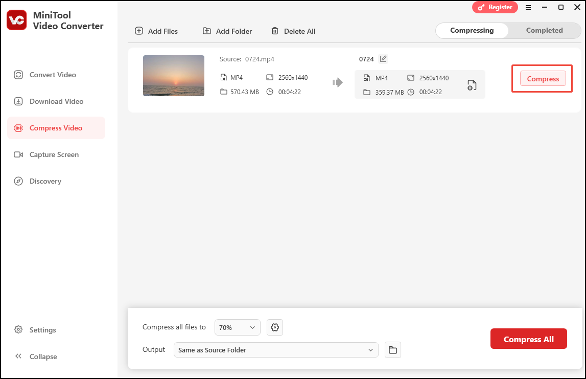 Videokomprimierung in MiniTool Video Converter per Klick auf „Komprimieren“ starten