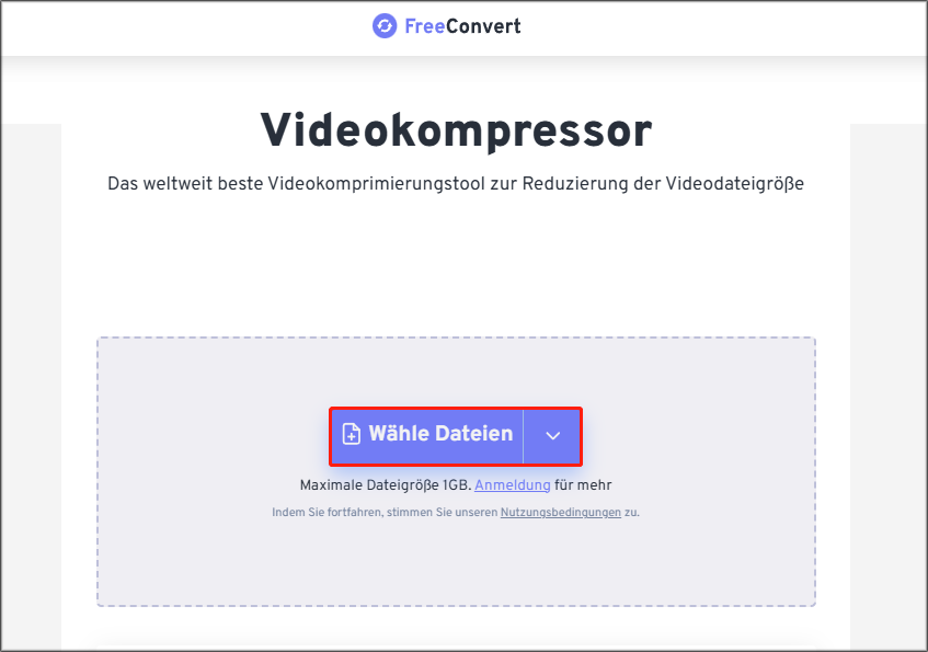 Video durch Klick auf „Wähle Dateien“ auf FreeConvert hochladen