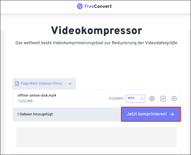 klicken Sie auf „Jetzt komprimieren!“, um die Videokomprimierung mit FreeConvert zu starten