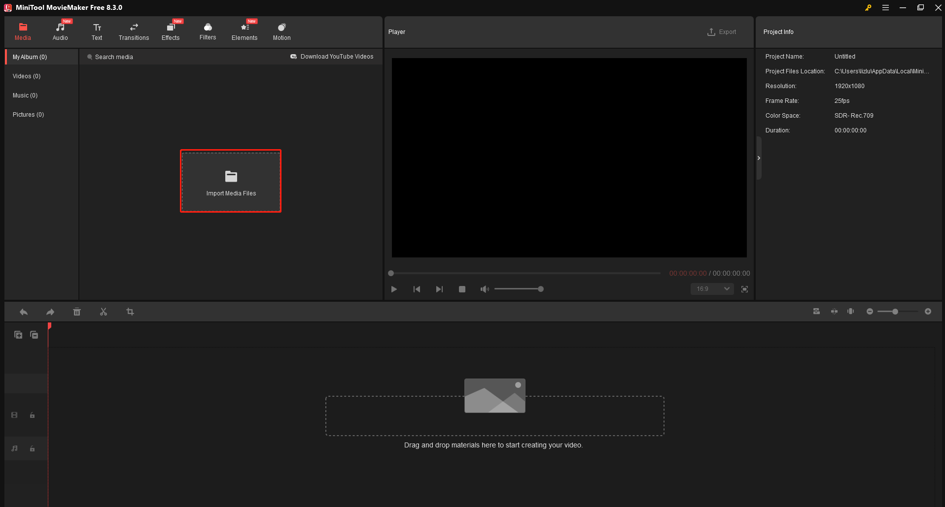 MiniTool MovieMakerで「Import Media Files」をクリックする