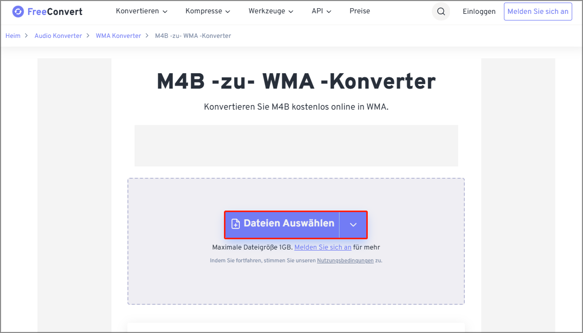Zum Upload der M4B-Datei auf FreeConvert klicken Sie auf „Dateien auswählen“