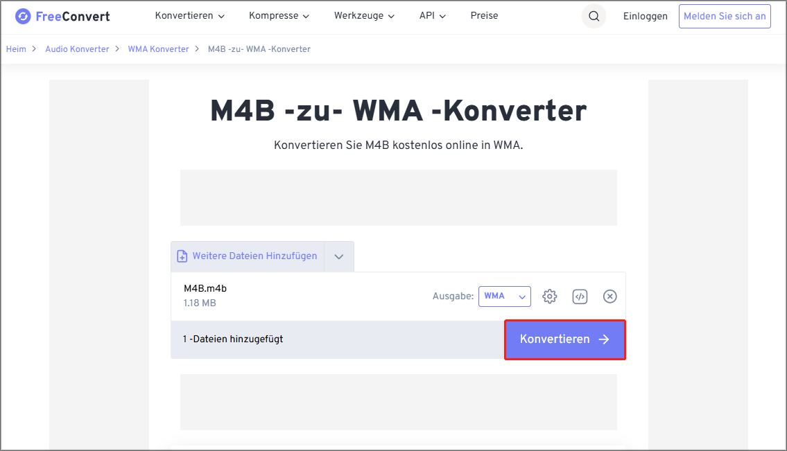 Konvertierung mit FreeConvert durch Klicken auf „Konvertieren“ klicken