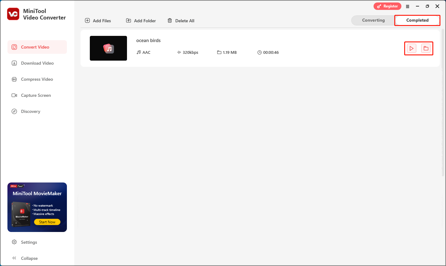 konvertierte Datei in MiniTool Video Converter über das Wiedergabe- oder Ordnersymbol überprüfen oder finden