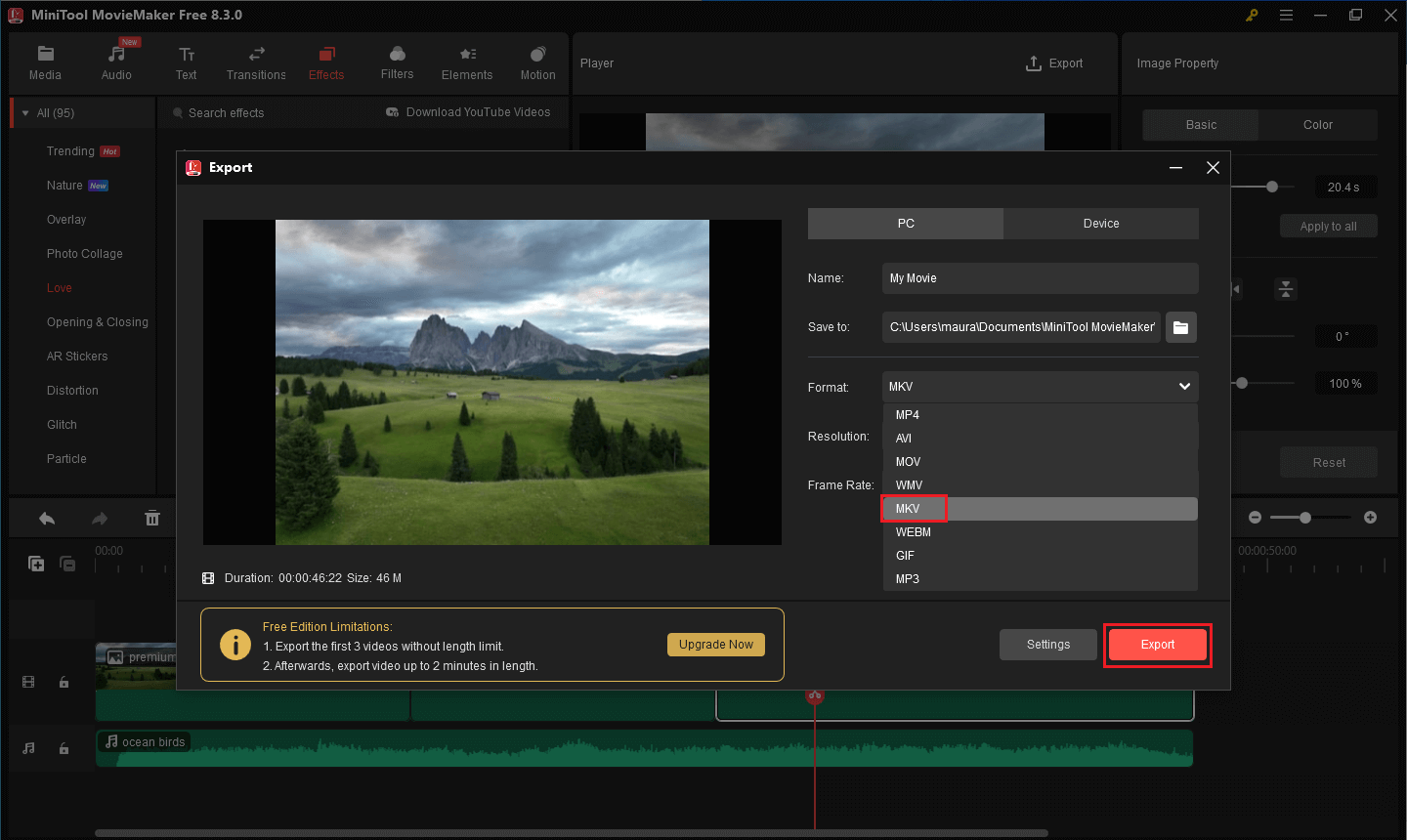 bearbeitetes Video im MKV-Format exportieren