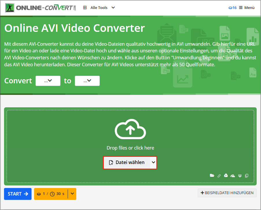 auf „Datei wählen“ klicken, um das MP4-Video auf Online-Converter klicken