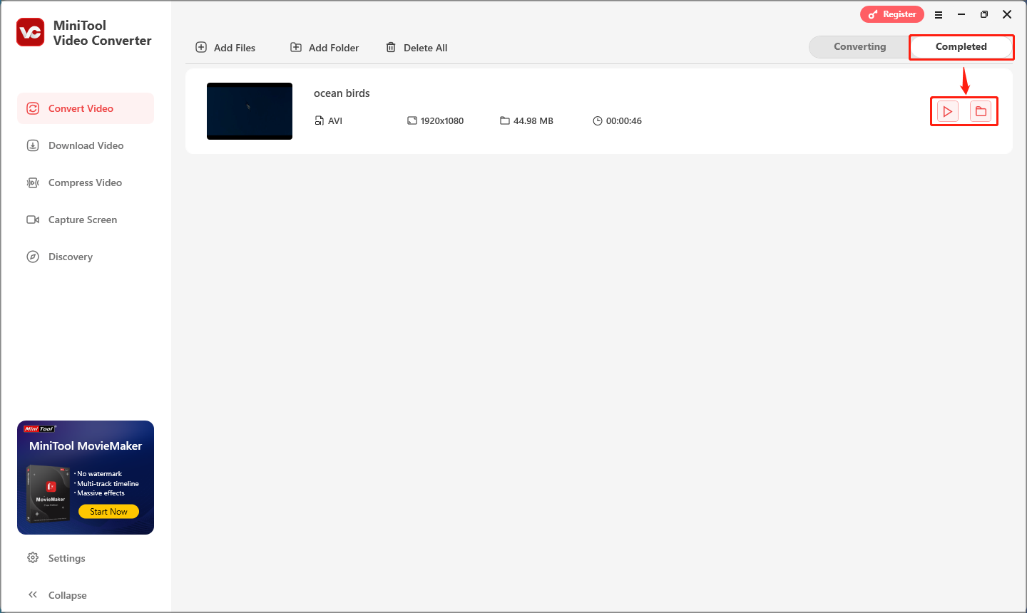 konvertierte Video abspielen oder finden, indem Sie unter „Abgeschlossen“ auf die entsprechenden Symbole klicken