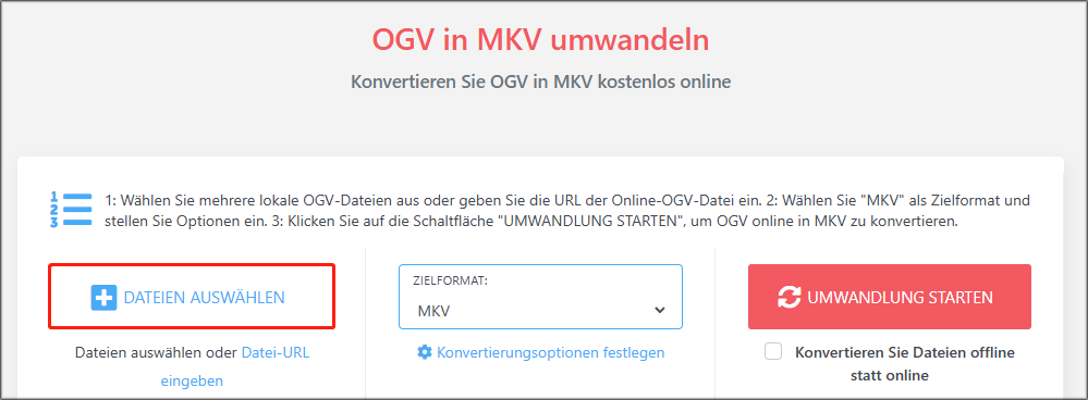 zum Upload der OGV-Datei auf CDKM klicken Sie auf „DATEIEN AUSWÄHLEN“