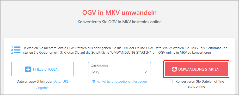 Konvertierung mit CDKM durch Klicken auf „UMWANDLUNG STARTEN“ starten