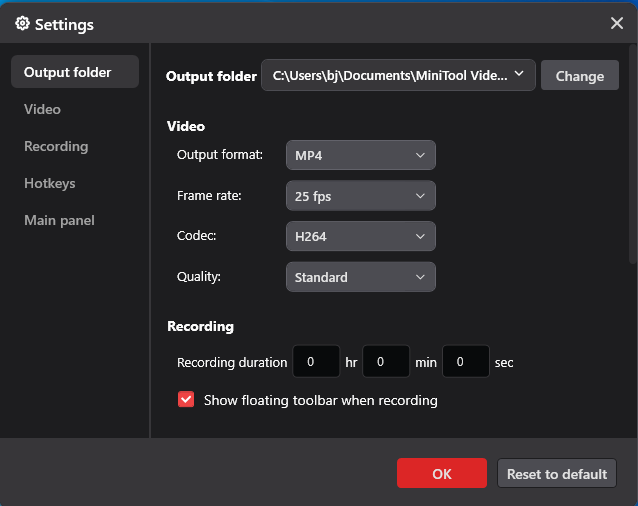 The Settings window of MiniTool Screen Recorder