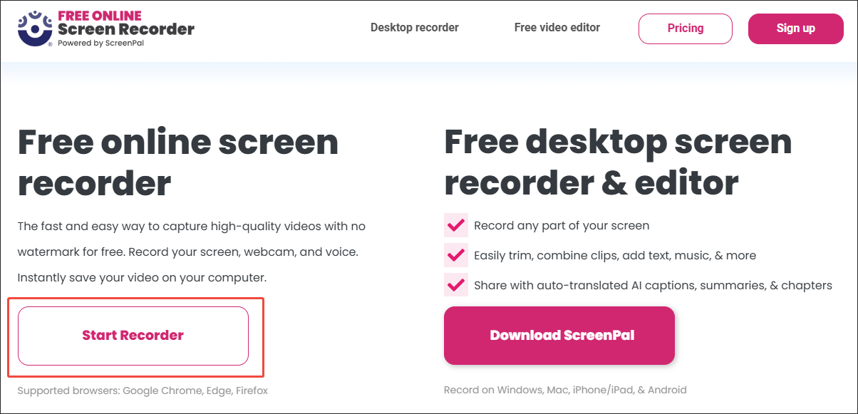 Click on Start Recorder in Online Screen Recorder to enter the main interface
