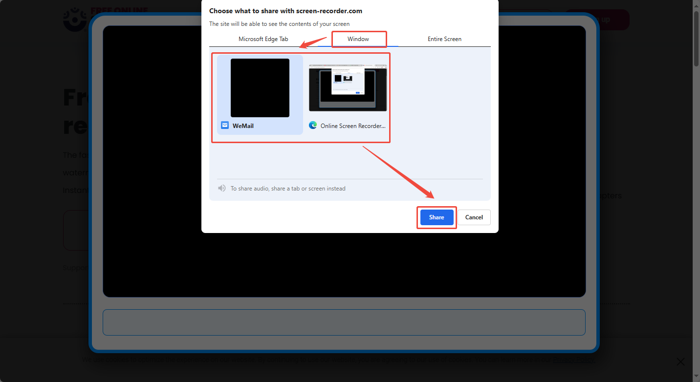 Select the recording window and click on Share in Online Screen Recorder to apply the recording settings