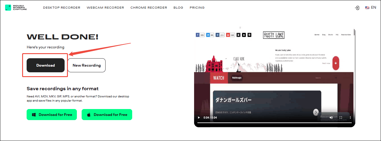 Click the Download button in Movavi Screen Capture to save and check the recorded video