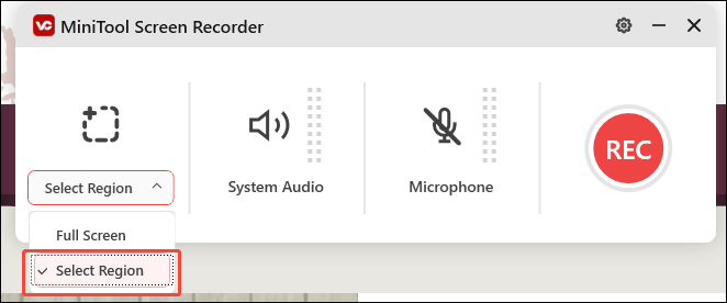 Choose Select Region and drag the mouse in MiniTool Screen Recorder to select the area you want to record