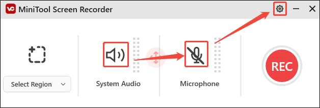 Click on the audio icons and click the Gear icon in MiniTool Screen Recorder to control the audio recording and trigger the Settings window