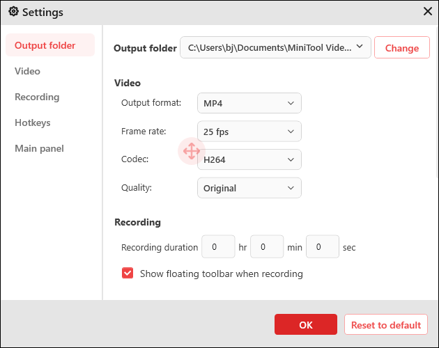 The Settings window of MiniTool Screen Recorder