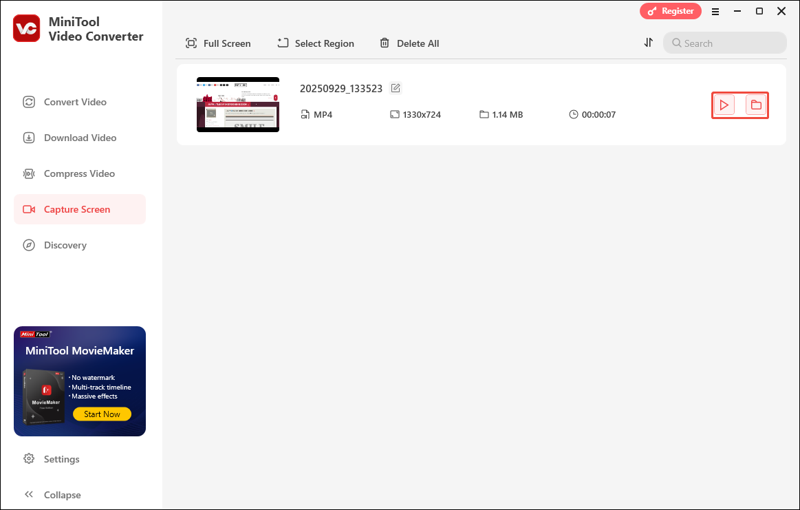 Click the Play icon or the Folder icon in MiniTool Video Converter to check or locate the recorded video