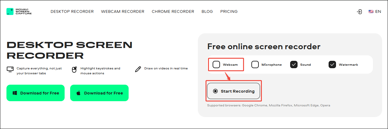 Uncheck the webcam and click the Start Recording button in Movavi Screen Capture to switch to a pop-up window