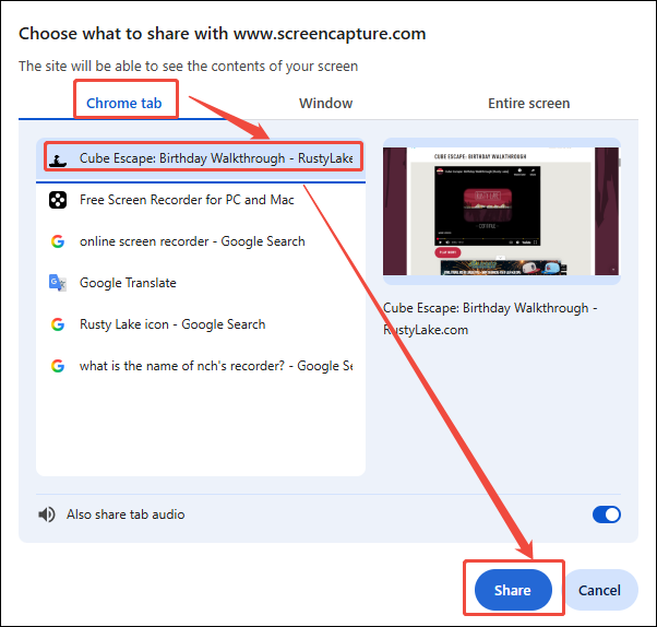Choose the Rusty Lake web page and click the Share button in the pop-up window of Movavi Screen Capture
