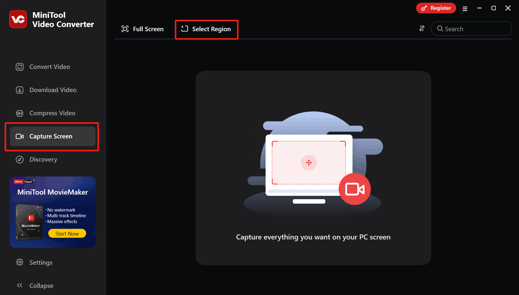 Click on the Select Region option in the Capture Screen tab of MiniTool Video Converter to open the MiniTool Screen Recorder window.
