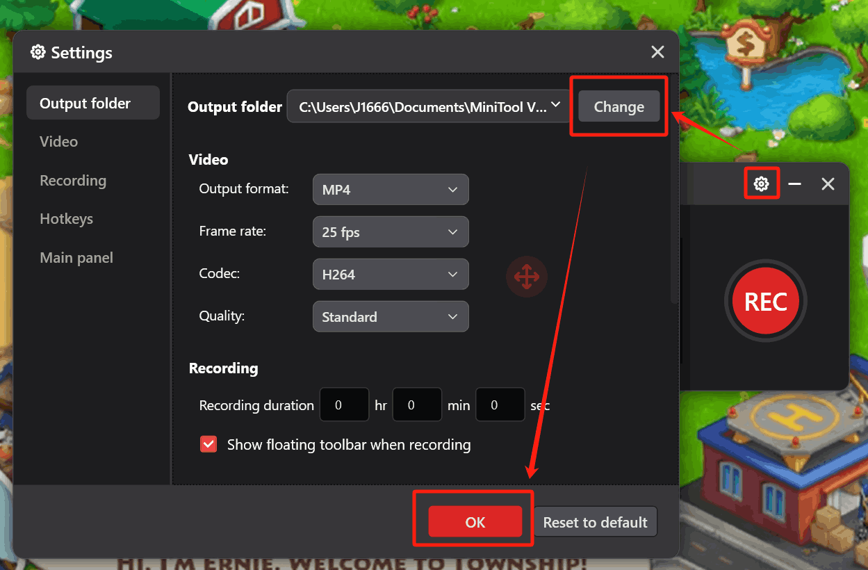Customize the storage location for the recorded video in the Settings window of MiniTool Screen Recorder
