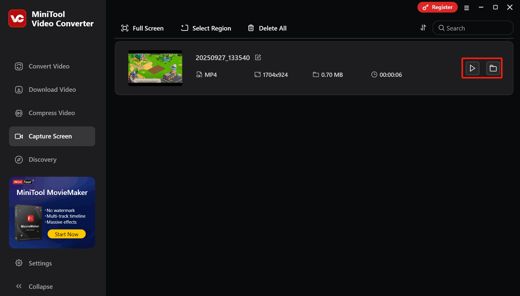 Click the Play icon or the Folder icon in MiniTool Video Converter to check or locate the recorded video