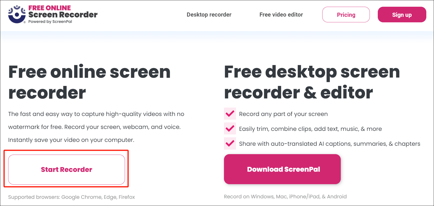 Click the Start Recorder option in Online Screen Recorder to trigger a pop-up window
