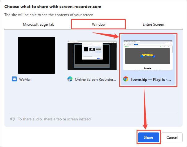 Choose the Township web page and click the Share button in the pop-up window of Online Screen Recorder to save the choice