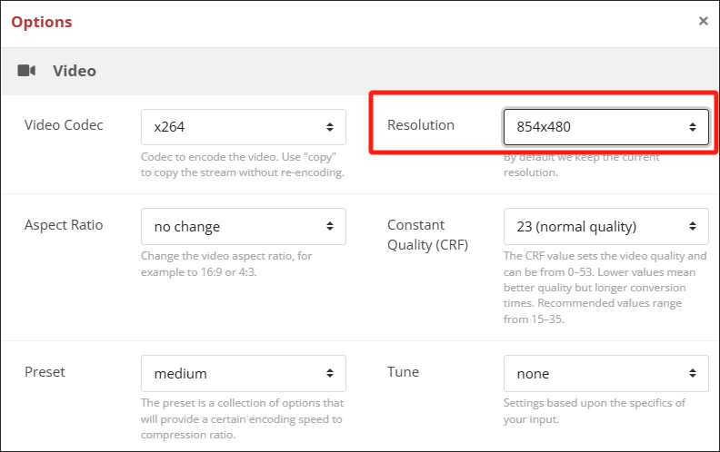 Expand the Resolution option in the Video section of CloudConvert to choose 854 X 480