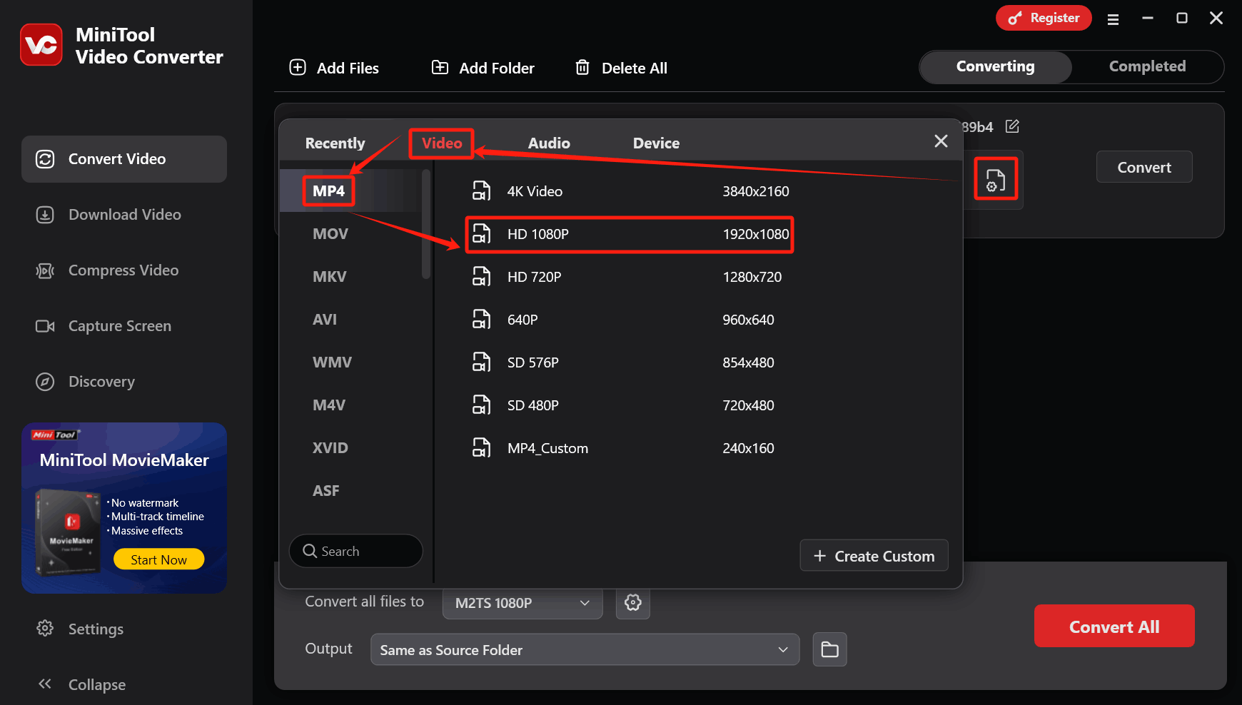 Choose MP4 HD 1080P as the output format in the output format window of MiniTool Video Converter