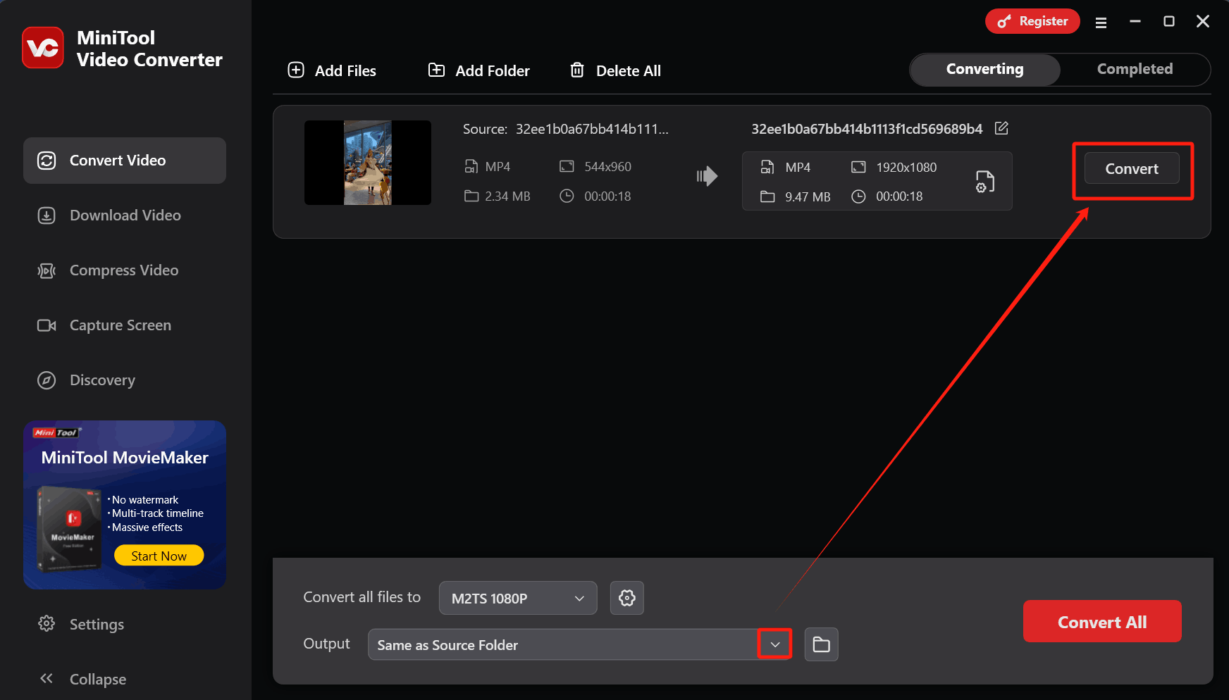 Expand the bottom Output option and click the Convert button in MiniTool Video Converter to choose a saving path and begin the conversion