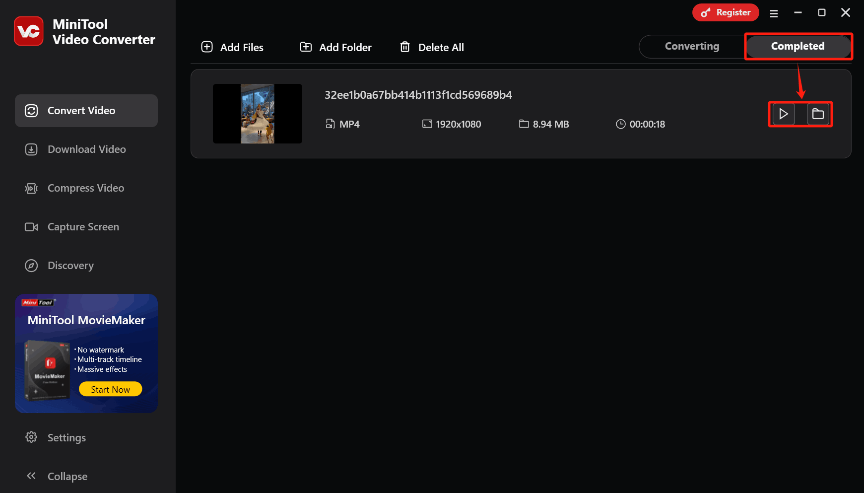 Click the Play icon or Folder icon under the Completed tab of MiniTool Video Converter to check or locate the converted video