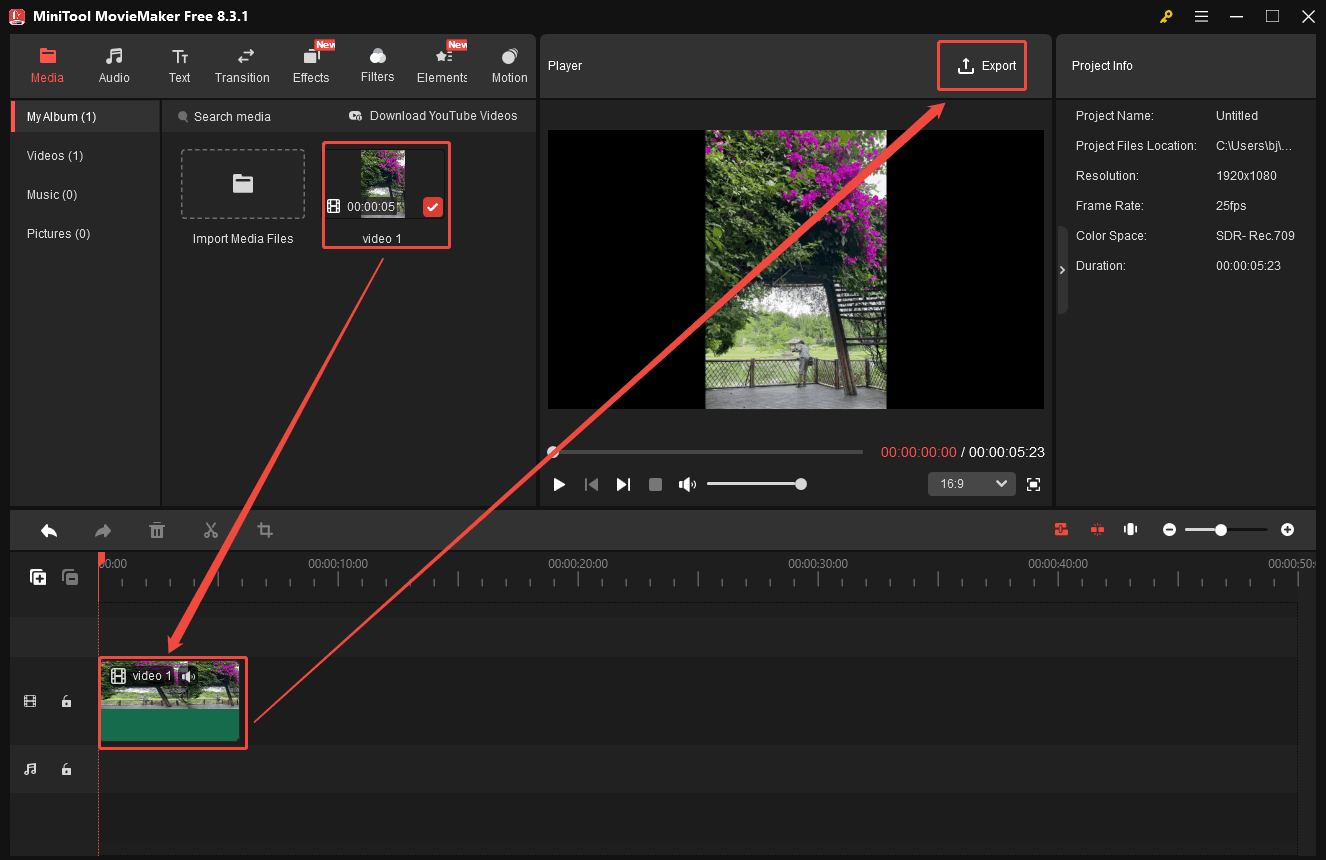 Drag the imported video onto the timeline below and click the Export option in MiniTool MovieMaker to trigger the Export window