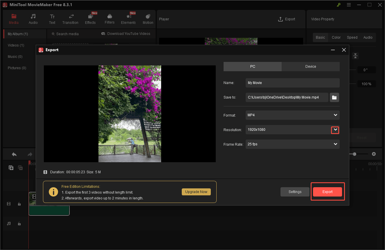 Specify the output settings and click on the Export button in MiniTool MovieMaker to start the export process