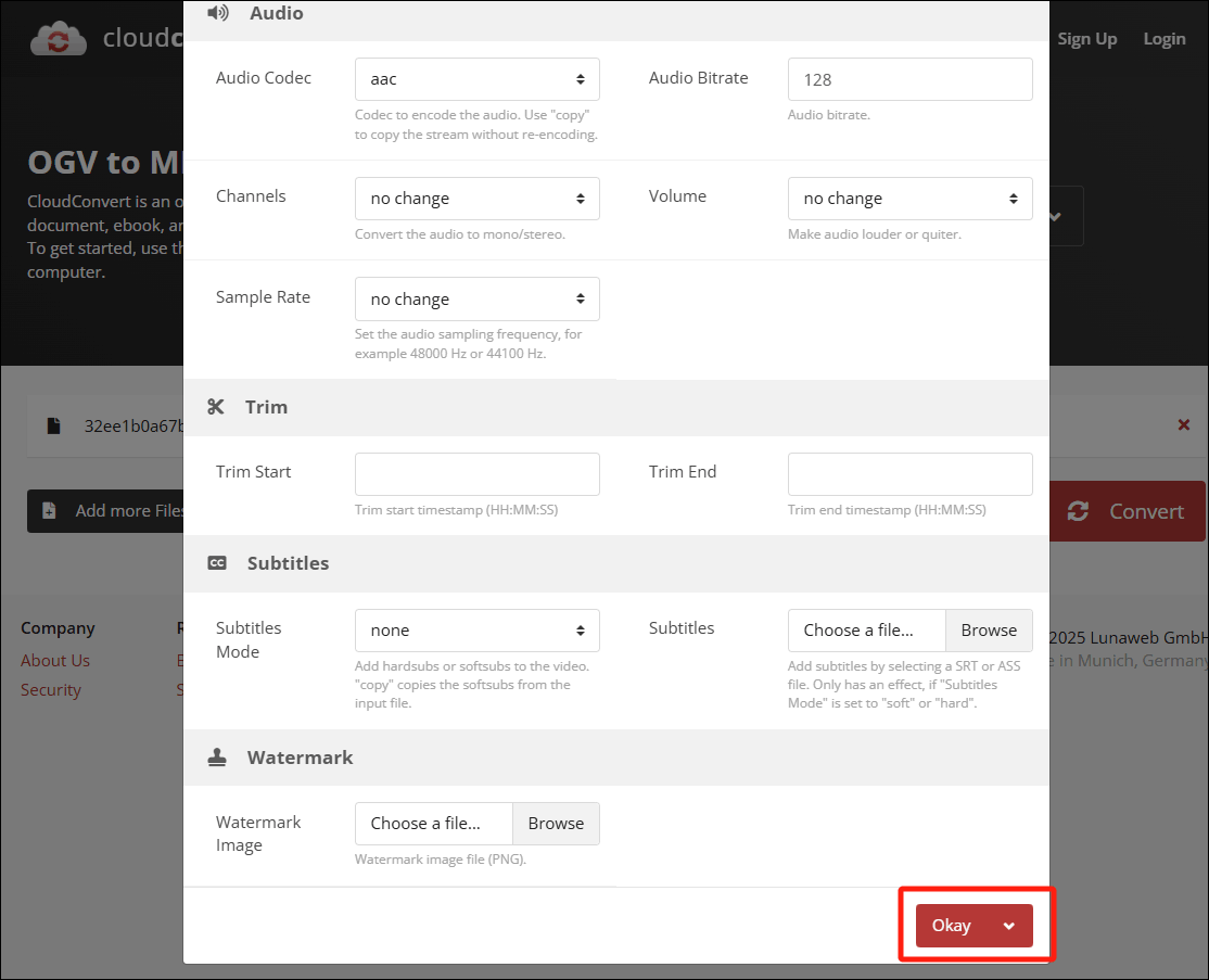Click the Okay button at the bottom of the Options window of CloudConvert to save the changes